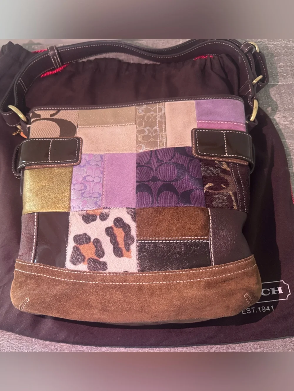 Coach Vintage Patchwork Leather and Suede Tote Bag in Brown and Purple